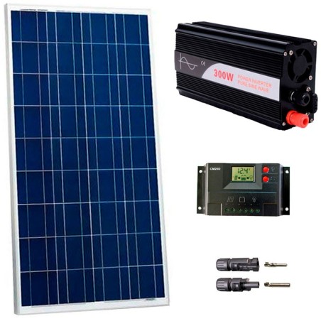 Kit fotovoltaico aislada 550 Wh/día, 230V/300W onda pura (Pot.: 165 Wp). Vbatería: 12V